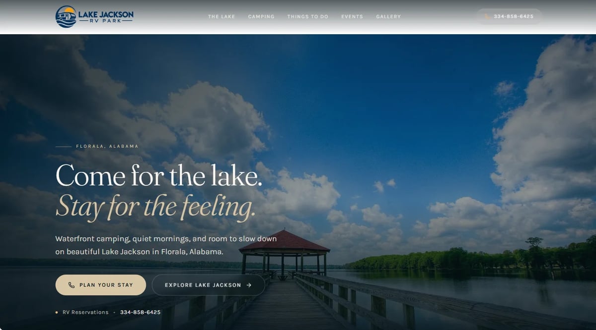 Lake Jackson waterfront with dock and blue sky, promotional tagline about visiting and staying in Lake Jackson, Florida
