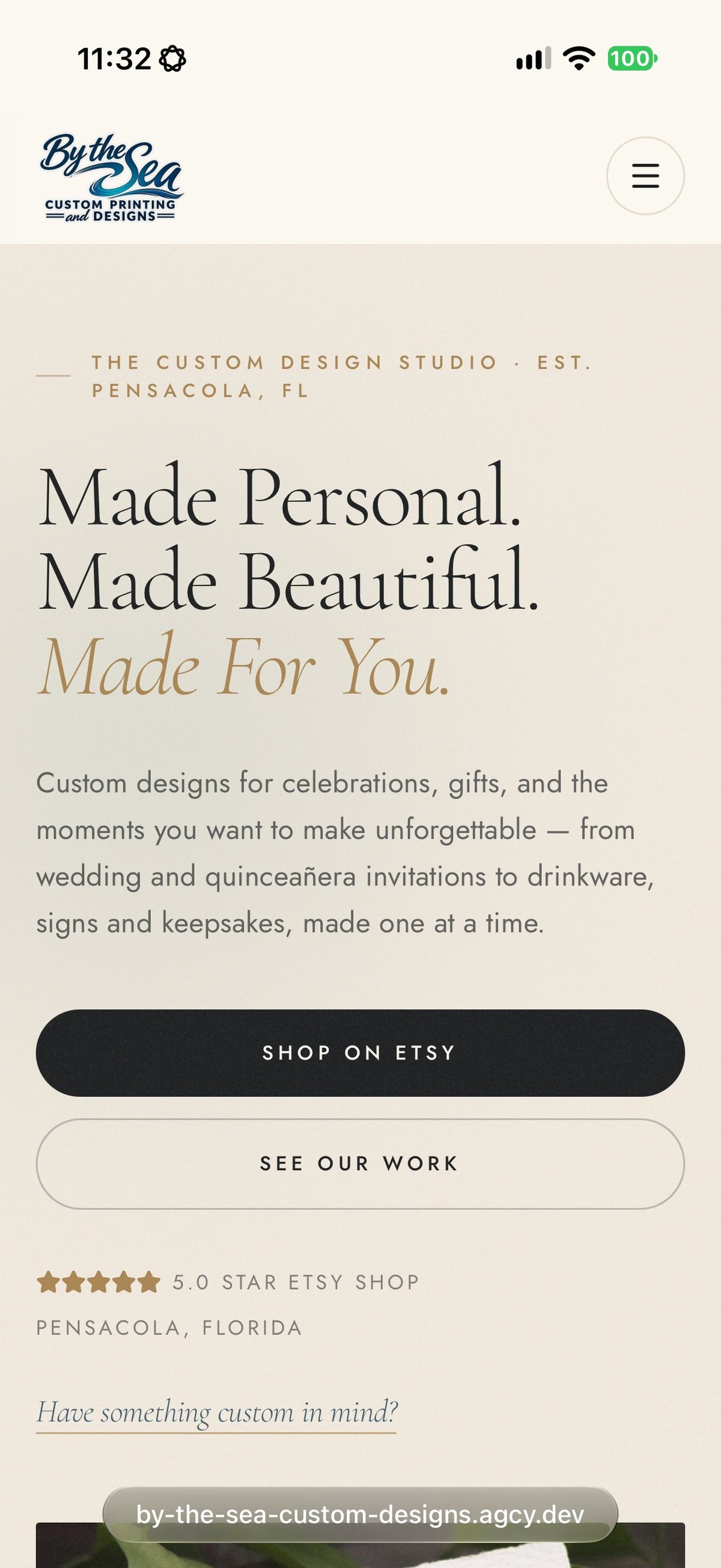 By the Sea Custom Printing mobile website homepage showing Made Personal, Made Beautiful, Made For You tagline with shop links and 5-star Etsy rating