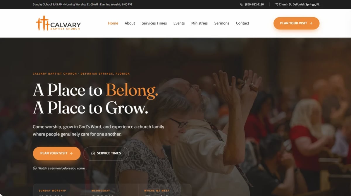 Calvary church website homepage featuring worshippers with raised hands and tagline A Place to Belong. A Place to Grow.