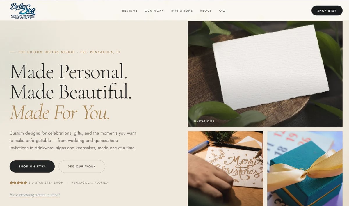 Custom design studio website homepage featuring tagline Made Personal, Made Beautiful, Made For You with product showcase images